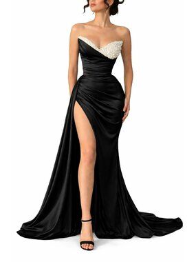 Black One Shoulder Satin Gown Slit Beaded Corset Back Size 8 Formal